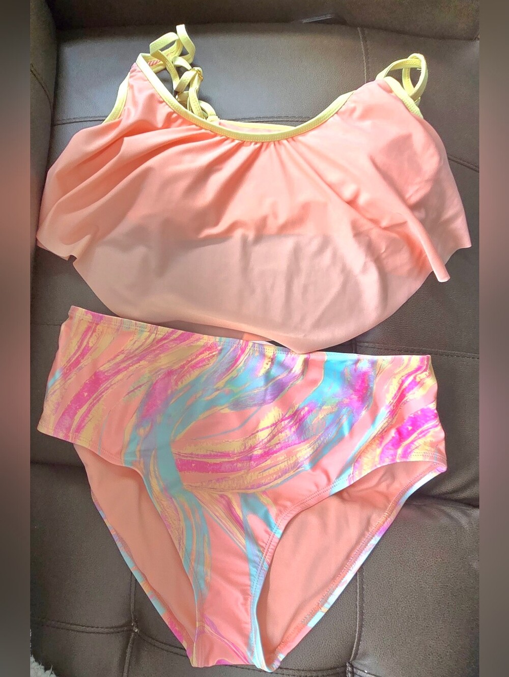 Women’s Peach Multi Swim Set - Flowy Tankini Top & High Waist Bottoms